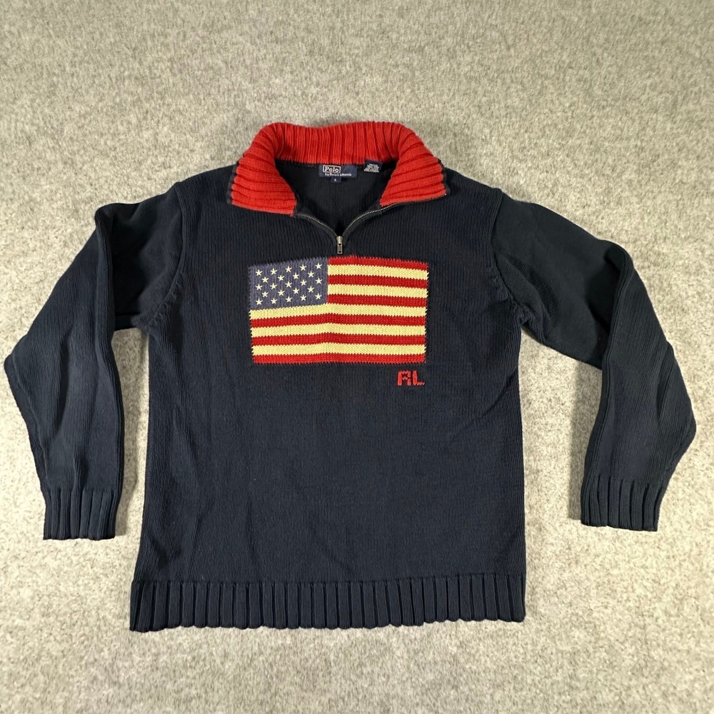 Polo Ralph Lauren Sweater Kids Youth Large Navy American Flag Quarter Zip VTG